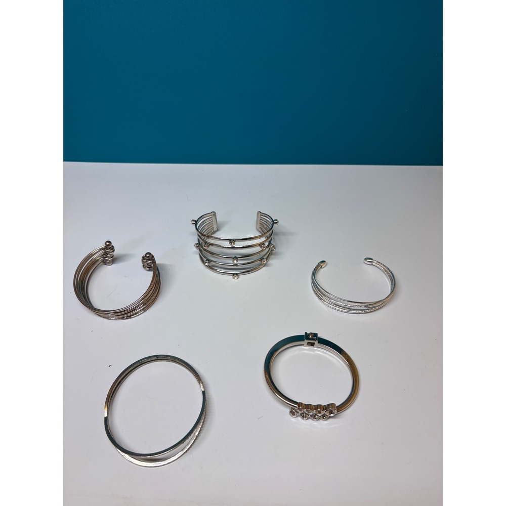Silver Tone Bracelet Lot 5pc Rhinestone Crystal Cuff Bangle Hinged Set